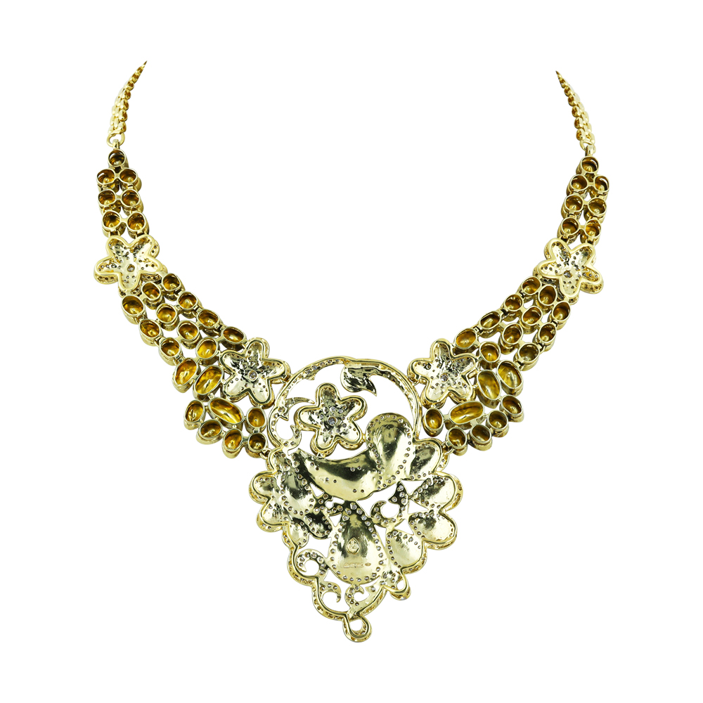 Peacock Motif Necklace with Enamel, Polki, and Floral Design